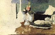 Mikhail Vrubel Still life with flowers,A Paper-weight,and other objects oil on canvas